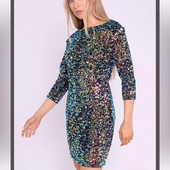 Aidan Mattox Long Sleeve Sequin OLIVE GREEN Dress - Picture 3 of 11